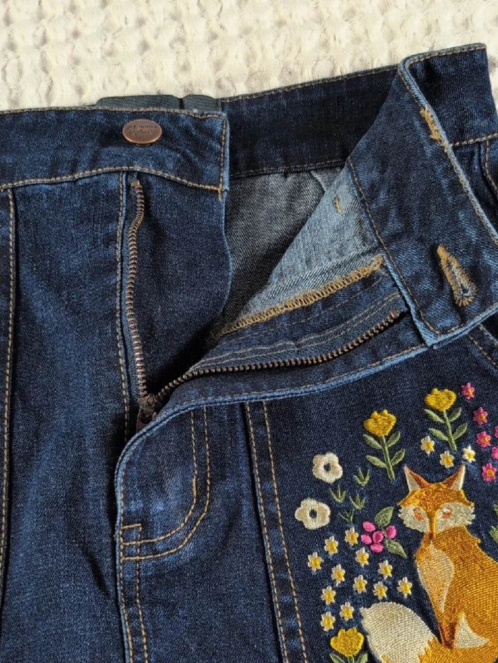 Modcloth X Princess Highway Embroidered Fox Dark Blue Denim A-Line Skirt Size 6 - Picture 8 of 11